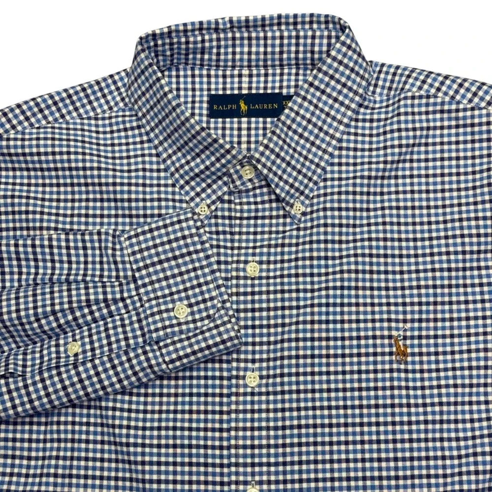 Polo Ralph Lauren Button Shirt Men XXL Blue Gingham Check Plaid Long Sleeve Pony